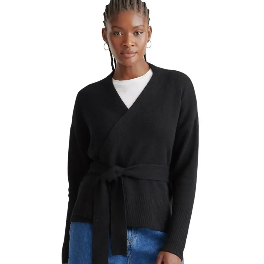Fair No Belt* Quince Women's S Black Mongolian Cashmere Belted Wrap Sweater